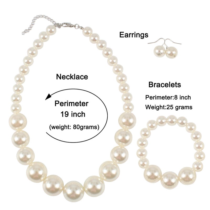 KOSMOS-LI Women's Large Big Simulated Ivory Pearl Statement 19" Necklace Bracelet and Earrings Jewelry Set Stocking Stuffers - Image 3